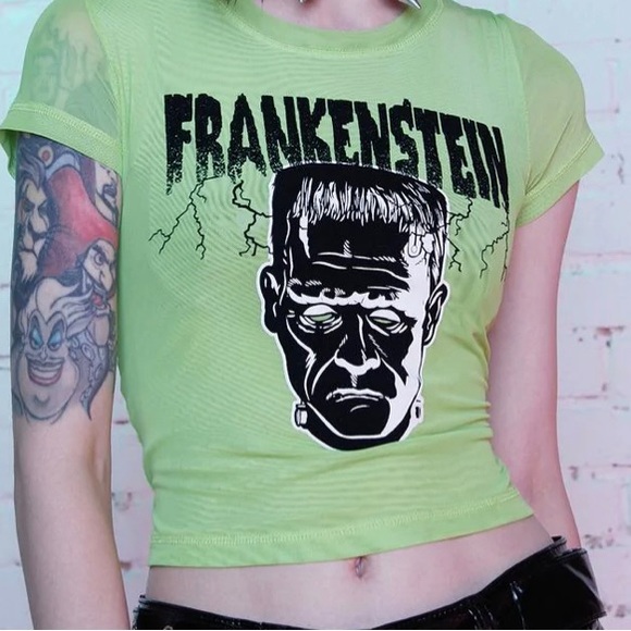 Lime neon green mesh Frankenstein t - Picture 2 of 5